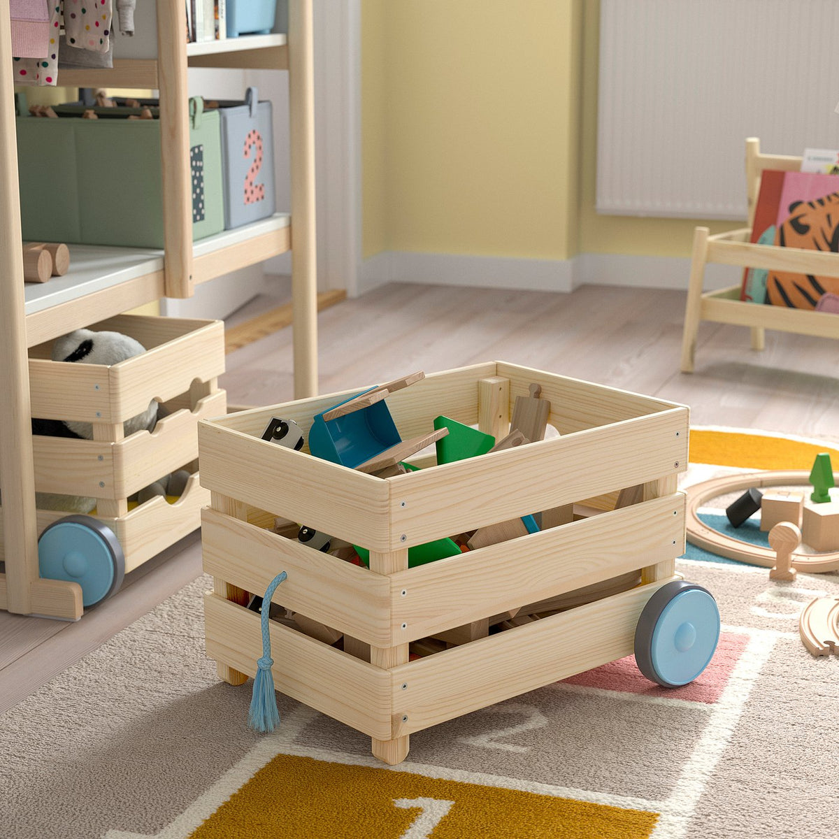 Toy storage with wheels
