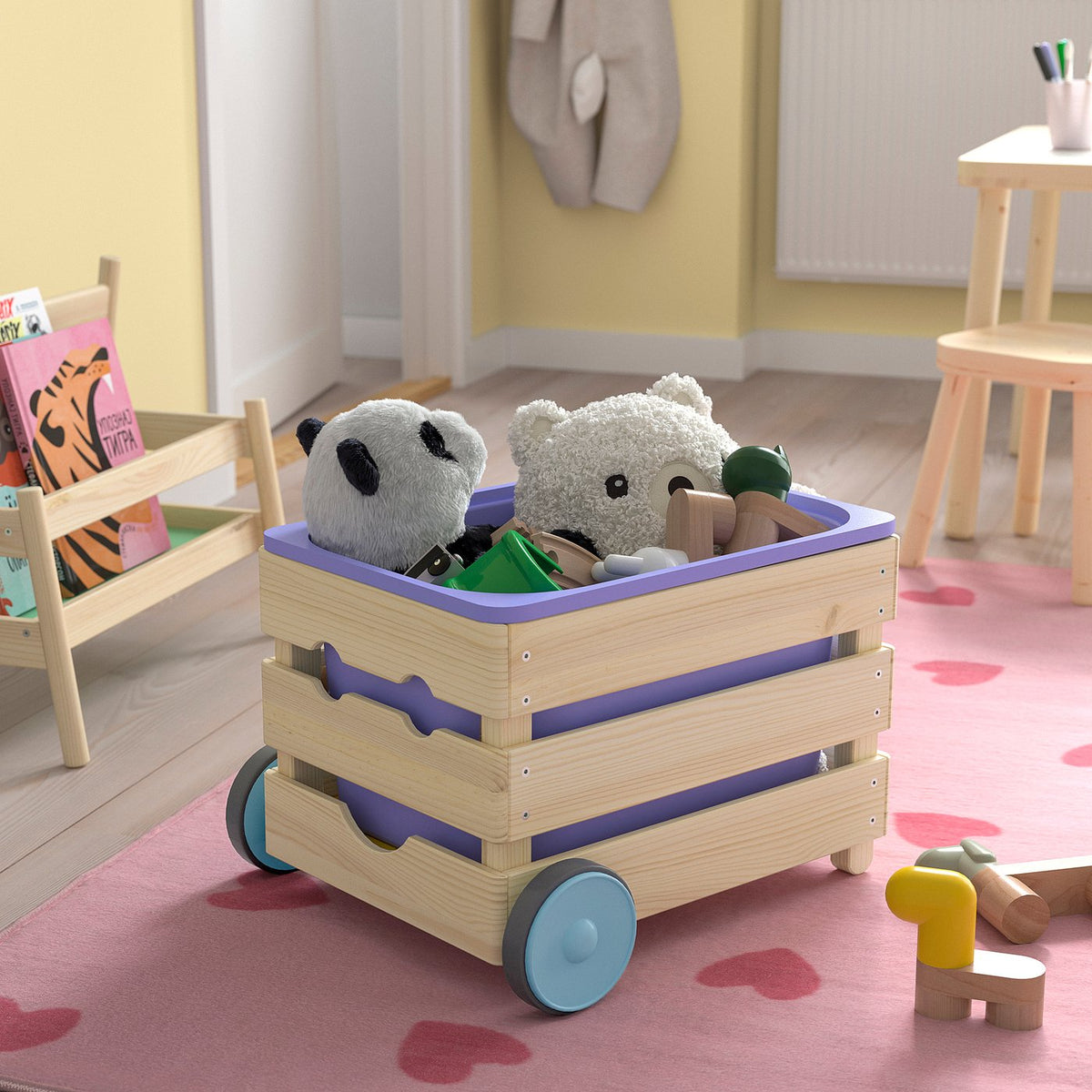 Toy storage with wheels